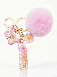 1pc Dried Flower Resin English Letter Keychain, Fashion Women Keychain With Butterfly Tassel Plush Ball Decor, Gift For Mom And Best Friend - Baby Pink - View 19