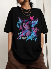 Jinx Arcane Graphic Crew Neck Printed Men's Fashion Short Sleeve Sports T-Shirt - Black - View 1