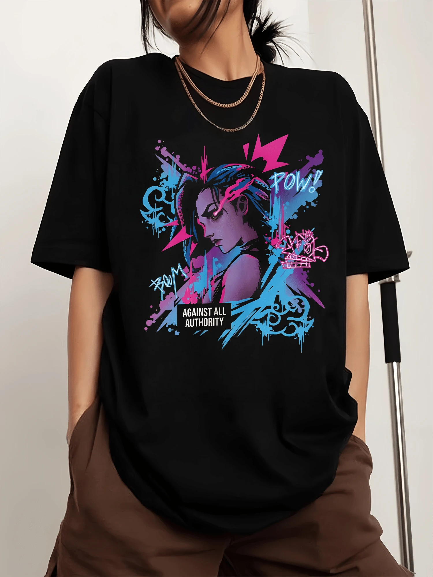Jinx Arcane Graphic Crew Neck Printed Men's Fashion Short Sleeve Sports T-Shirt - Black - View 1