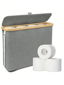 Modern Bamboo Bathroom Storage Rack (With Cover) - Stylish Toilet Paper Holder And Storage Basket, Window View Design, Covered Tissue Box, Home Organization Assistant, Storage Basket, Box And Container - Multicolor - View 15
