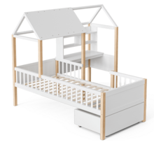 (Previous Reference: W2845S00049) Children's Bed 90 X 200 Cm With Fall Protection And Slatted Bed Base, L-Shaped Desk And Shelving Unit, Drawers With Wheels, Multifunctional House-Shaped Bed, Made Of Solid Wood, White Color. - trắng - Xem 9