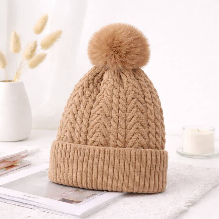 Women's Lined Winter Warm Beanie With Plush Pom-Pom, Adult Model JZ048 - Lạc đà - Xem 1