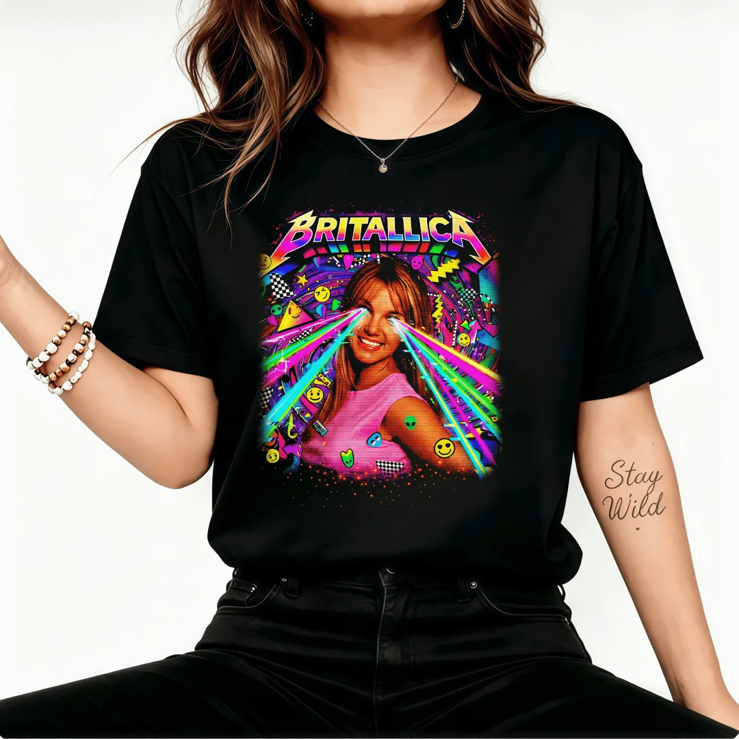 Britallica Viral Meme Retro Y2K Neon Regenbogen 90er Pop Ästhetik Grafik 100% Baumwolle Unisex Casual Kurzarm T-Shirt - Schwarz - Übersicht 1