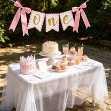 2 Stücke Rosa & Gold Schleife 1. Geburtstags Dekorations Set (2 Artikel) - Hochstuhl Banner + Geburtstagskrone, geeignet für 1 Jahr alte Geburtstage, Prinzessin Themen Party, Taufe und Foto Booth Hintergrund - Übersicht 2