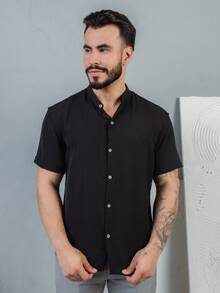 Men's Short Sleeve Shirt With Priest Collar Elegant Casual Party Work - 深灰色 - 查看 5