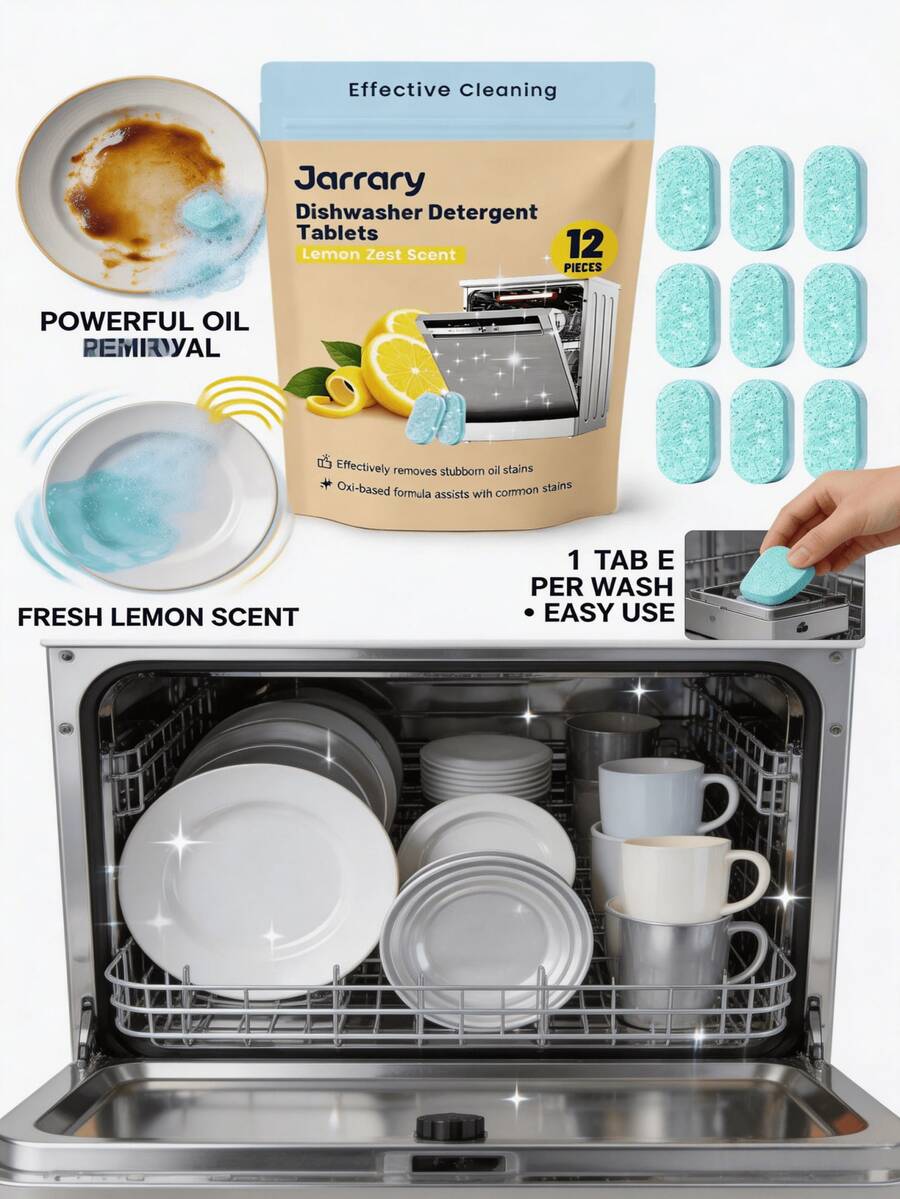 Jarrary 1 Pack/12 Pieces Lemon Scented Oxidized Easy-Dissolve Dishwasher Detergent Tablets, Removes Stubborn Grease And Food Residue, Suitable For Standard Built-In And Portable Dishwashers, Cookware, Glassware, Pots And Pans, Home, Apartment, Hotel, Commercial Use