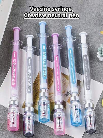 注射器套装配圆珠笔，用于模拟病毒清除；随机配备黑色圆珠笔和疫苗笔（中英文随机版本），适合作为学习用品，迎接新学期