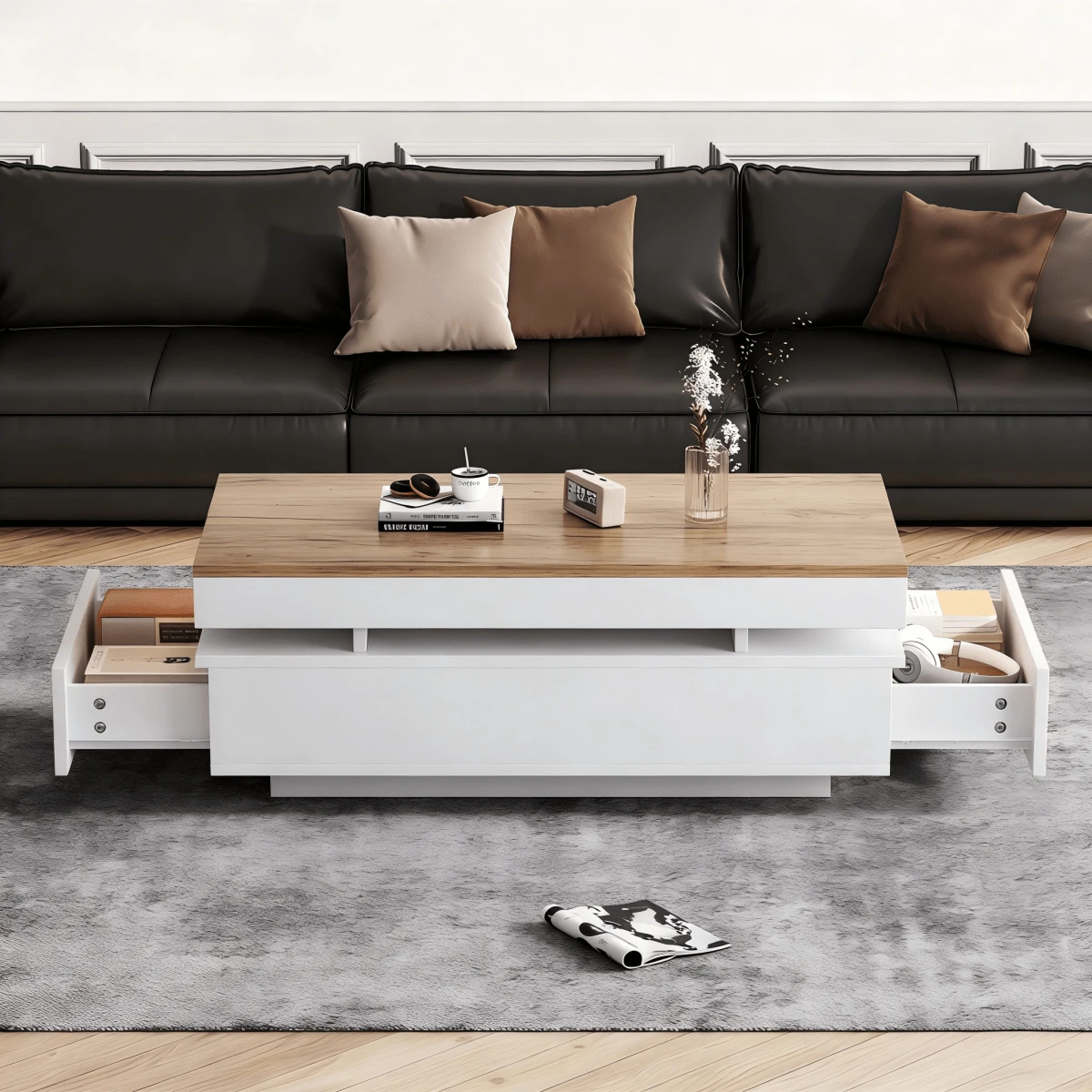 100 X 50 X 35 Cm Coffee Table With 2 Drawers / High-Gloss Side Table / Load Capacity 30 Kg / Easy To Assemble And Easy To Clean / Suitable For Living Rooms, Bedrooms And Apartments - 白色 + 木紋 - 查看 1
