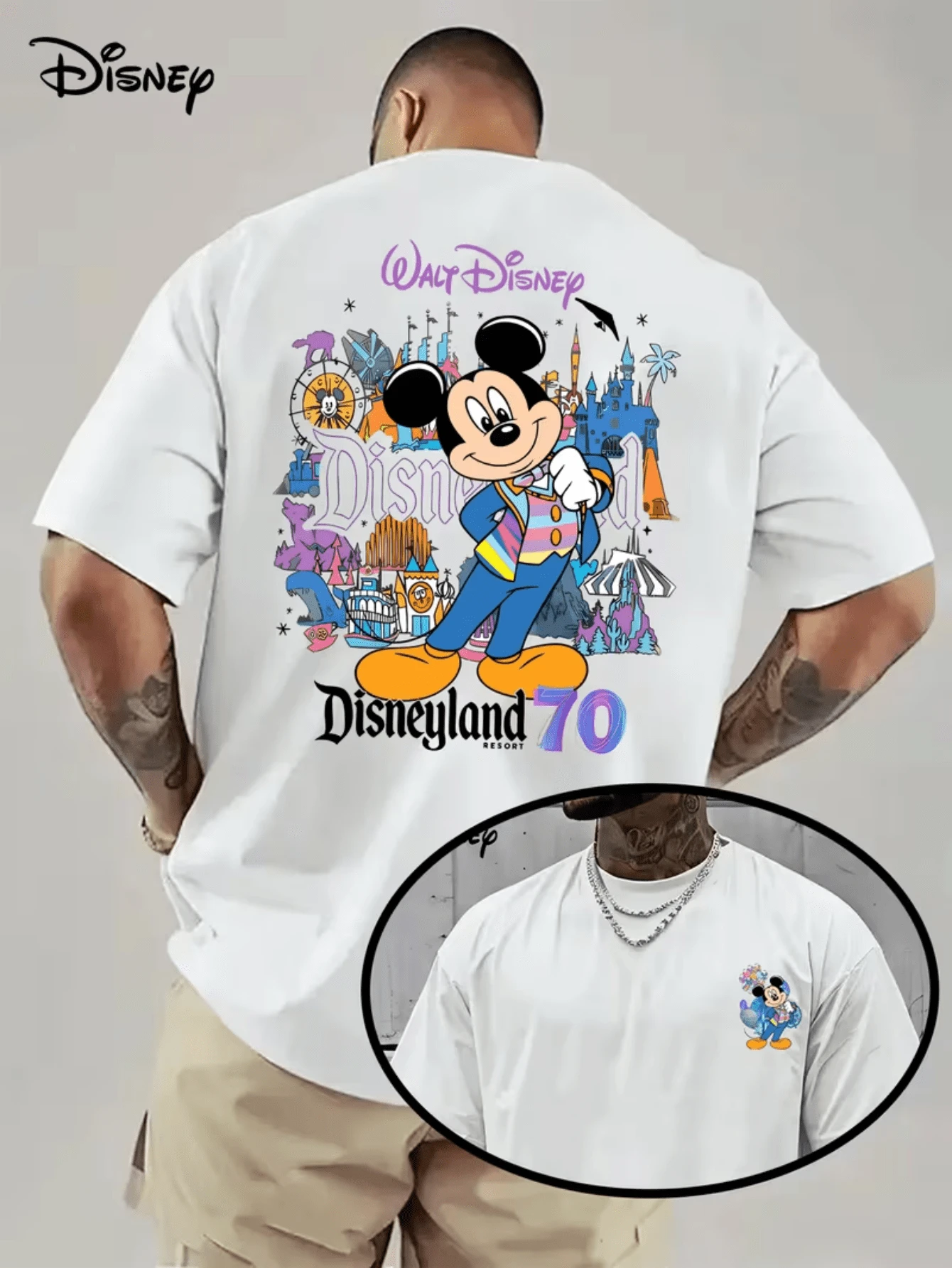 (Disney Licensed)Disney Mickey Mouse Men's T-Shirt, Disneyland 70th Anniversary Mickey Graphic Tee, Oversized Crew Neck Short Sleeve Casual T-Shirt, Colorful Mickey With Disney Parks Landmarks Print Men's Summer Top, Disney Officially Authorized Men's Short-Sleeved T-Shirts, Mens Clothes, Men, Ropa De Hombre, Summer Clothes, Men Shirts, Graphic Tees, Disney Outfits Men, Graphic Tees, Camisetas Para Hombre, Camisas Para Hombre, Summer Outfits For Men, Father's Day Gift, Perfect Gift For Family And Friends, Which Are Necessary For Birthday Parties, Disney Shirts, Mens Clothes, Summer Clothes, Officially Licensed Disney T-Shirts, Disney Men's And Women's Spring/Summer Fashion Casual Short-Sleeve T-Shirts - trắng - Xem 1