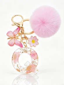 1pc Dried Flower Resin English Letter Keychain, Fashion Women Keychain With Butterfly Tassel Plush Ball Decor, Gift For Mom And Best Friend - Baby Pink - View 33
