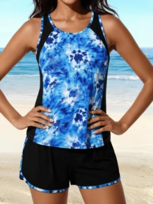 Tie Dye Tankini Swimsuit For Women - Blue Racerback Athletic Two Piece Bathing Suit With Boy Shorts - Modest Swimwear For Swimming, Water Sports, Beach, Pool - Multicolor 830 - View 2