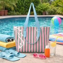 Bolso Tote a Rayas de Gran Capacidad Personalizado para Niña, Bolso de Hombro Casual de Moda con Cremallera y Bolsillo Interior, Bolso de Viaje y Playa, Bolso de Uso Diario - Multicolor - Ver 11
