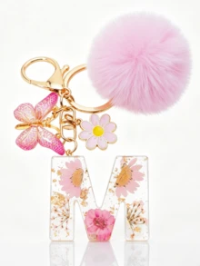 1pc Dried Flower Resin English Letter Keychain, Fashion Women Keychain With Butterfly Tassel Plush Ball Decor, Gift For Mom And Best Friend - Baby Pink - View 16