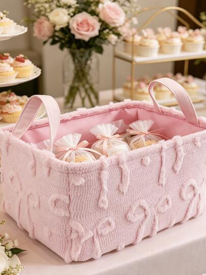 1pc Pink Flannel Bow Storage Basket, Suitable For Storing Cosmetics, Clothes, Snacks, Toys, Flower Bouquets, Wedding Supplies
