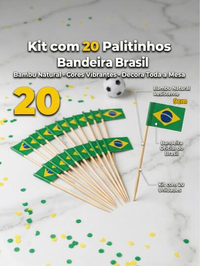 Kit 20 Palitos de Bambu Bandeira Brasil para Petiscos e Decoração Salgado Festa Jogo Churrasco Copa Futebol