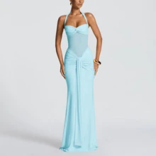 Spaghetti Strap Backless Waist Cinched High Slit Dress, Mesh Patchwork Vacation Party Dress Women's Fishtail Slip Dress Elegant Long Prom Dress Spring & Summer100% Cotton - 淺藍色 - 查看 1