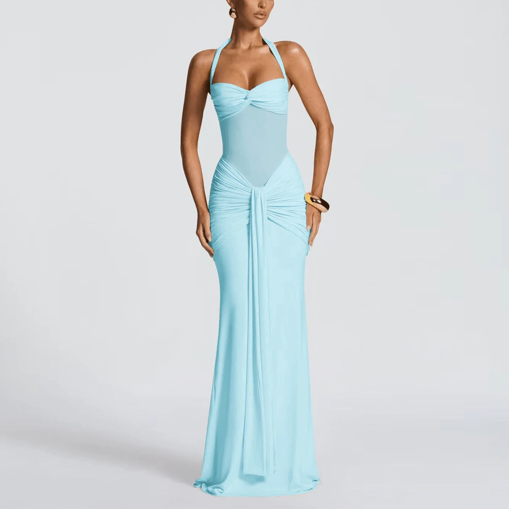 Spaghetti Strap Backless Waist Cinched High Slit Dress, Mesh Patchwork Vacation Party Dress Women's Fishtail Slip Dress Elegant Long Prom Dress Spring & Summer100% Cotton - 淺藍色 - 查看 1