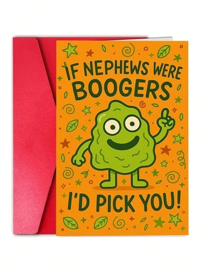1pc Funny Nephew Greeting Card, Conveys Love And Humor, Suitable For Birthday Or Special Occasions, From Aunt/Uncle To Nephew, Includes Cute Cartoon Snot Character