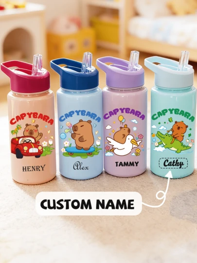 Customizable Name, 500ml Children's Water Bottle, Cute Capybara Straw Cup, Best Gift For Girls And Boys, Outdoor Sports Water Bottle, School Campus Student Cartoon Cup