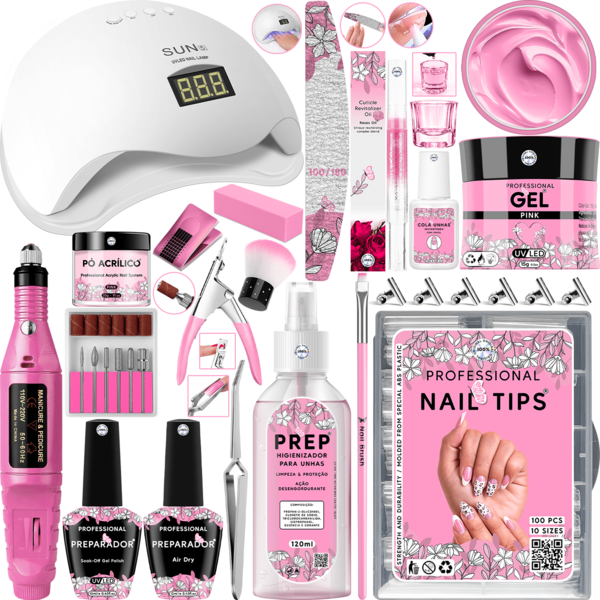 Kit Unhas de Gel Cabine Sun 5 LED UV 48w Digital Lixadeira Elétrica Caneta 20.000 RPM Prep Molde Lixa Broca Presilha