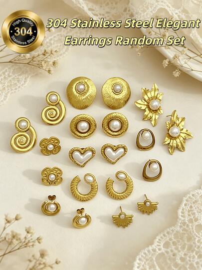 18 piezas de un conjunto de pendientes de tarjeta de estilo personalizado y de moda, pendientes de acero inoxidable dorado con perlas, un regalo para compañeros de clase y amigos (envío aleatorio)