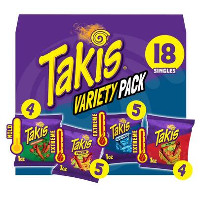  Paquete surtido de chips de tortilla enrollados Takis, 18 unidades, bolsas de aperitivo de 1 oz