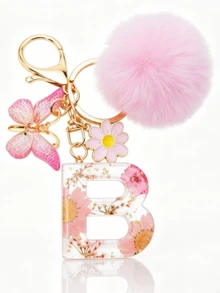 1pc Dried Flower Resin English Letter Keychain, Fashion Women Keychain With Butterfly Tassel Plush Ball Decor, Gift For Mom And Best Friend - Baby Pink - View 23