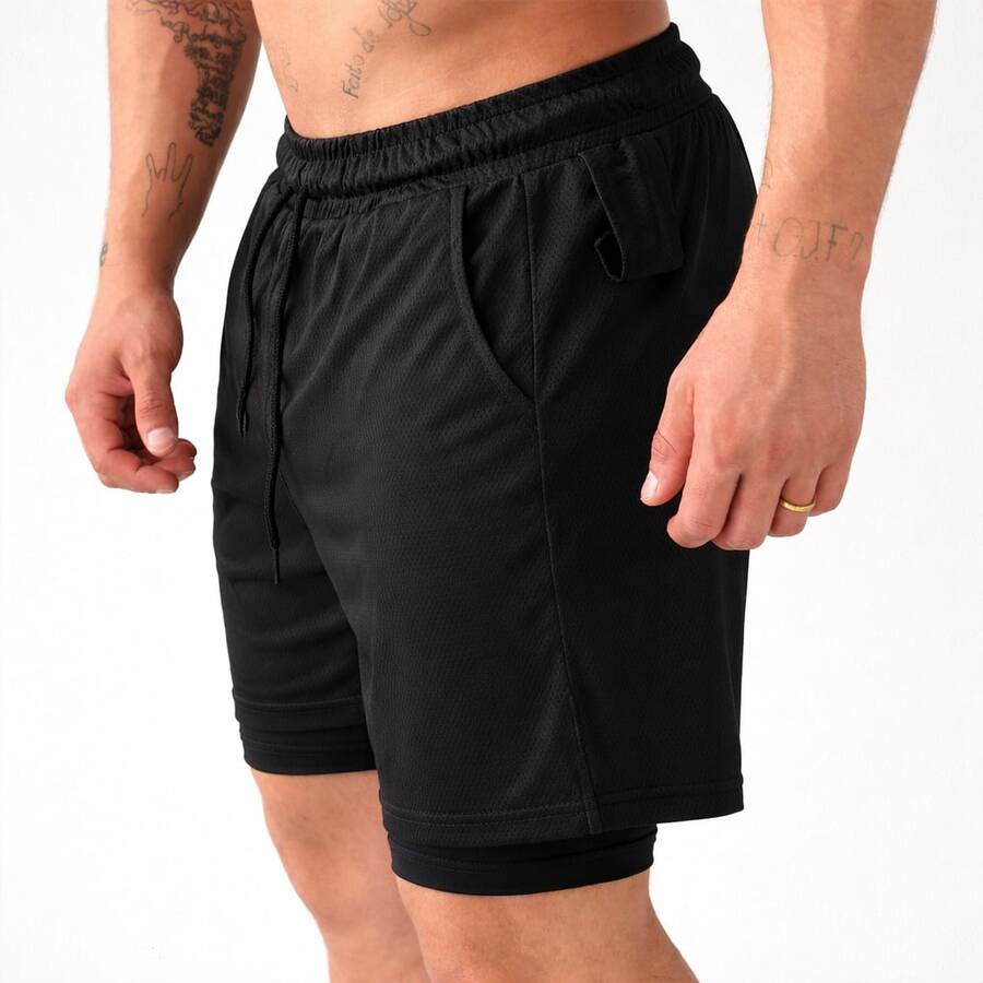 Men's Double Shorts 2 In 1 Premium Compression Fitness Dry Fit For Gym, Training, Running, Soccer - 黑色 - 查看 1