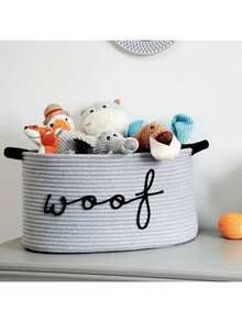 1 Giỏ đan dây thừng đựng đồ với họa tiết thêu "Woof Woof" - Giỏ đựng đồ chơi cho thú cưng, có thể đựng đồ chơi gặm, chăn và dây xích, tay cầm màu xanh hải quân, thiết kế xếp chồng được, giỏ đựng đồ cá nhân hóa cho mèo và chó, quà tặng cho thú cưng - Nhiều màu - Xem 8