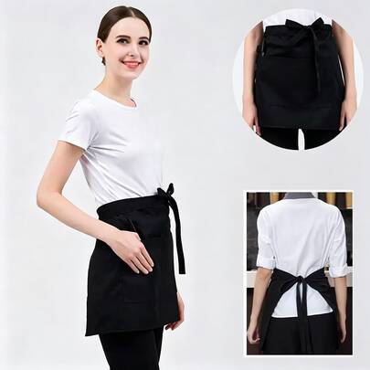 1 chiếc tạp dề làm việc có 2 túi, chống thấm nước và dầu mỡ, chiều dài đến nửa thân, đường may chắc chắn và được gia cố, tạp dề ngắn unisex dành cho nhà hàng và dịch vụ ăn uống.