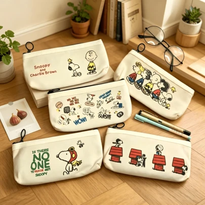 SNOOPY 1个史努比大容量帆布铅笔盒，可爱卡通文具包，学生便携收纳袋，可装钢笔、橡皮、U盘及其他学习用品，是返校/生日/圣诞节的理想礼物。