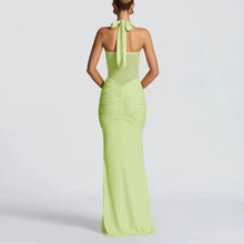 Spaghetti Strap Backless Mesh High Slit Fishtail Slip Dress, 100% Cotton Elegant Prom Dress For Summer Party Vacation - 淺綠色 - 查看 2