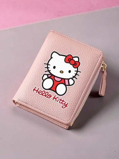 SANRIO Hello Kitty 短款钱包，带拉链零钱袋，小巧对折钱包，短款钱包，带拉链卡袋的对折钱包，带拉链零钱袋的短款钱包，女士小巧对折钱包
