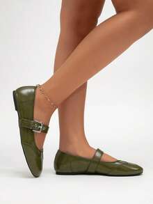Zapatos planos para mujer con diseño de hebilla, punta redonda, ligeros, transpirables, de estilo retro, antideslizantes, nuevos, de moda, lujosos, exquisitos, versátiles, de estilo casual sencillo para vacaciones, de unicolor, con suela blanda y correa - Verde militar - Ver 2