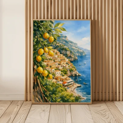 1 Pc, Canvas Wall Art, Framed Wall Decor, Stylish And Aesthetic Home Decor. Italian Positano Watercolor Art Print, Amalfi Coast Wall Art, Lemon Tree Oil Painting, Italian Coastal Landscape Poster Decor, Summer Decor, Home Decor, Suitable For Living Rooms, Bedrooms, Offices, Etc. – The Perfect Choice For Holidays, Murals, Posters, Birthday Gifts, And Graduation Gifts – Canvas (Optional Frame)