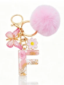1pc Dried Flower Resin English Letter Keychain, Fashion Women Keychain With Butterfly Tassel Plush Ball Decor, Gift For Mom And Best Friend - Baby Pink - View 25
