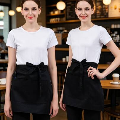 1pc Work Apron With 2 Pockets, Waterproof & Oil-Resistant Half-Length Apron, Extended & Reinforced Stitching, Unisex Short Server Apron For Restaurant & Catering