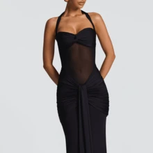 Spaghetti Strap Backless Mesh High Slit Fishtail Slip Dress, 100% Cotton Elegant Prom Dress For Summer Party Vacation - 黑色 - 查看 3