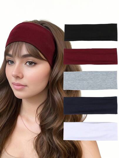 5 Pcs Wide Headbands For Women Elastic Hair Bands Soft Stretchy Non Slip Headwraps For Summer Sports Yoga Running Workout Daily Wear Solid Color Hair Accessories Beach Accessories