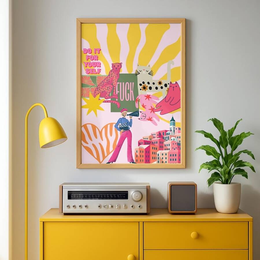Set Of 1 Funky Colorful Cat Canvas Wall Art | Maximalist Eclectic Poster With Do It For Yourself Quote For Living Room Bedroom,Frameless/Framed - A - View 1