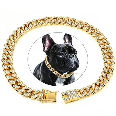 Collar de perro con adornos de strass dorados, collar de perro estilo hip hop dorado, cadena grande dorada, collar de mascota de moda brillante