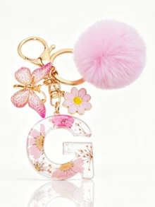 1pc Dried Flower Resin English Letter Keychain, Fashion Women Keychain With Butterfly Tassel Plush Ball Decor, Gift For Mom And Best Friend - Baby Pink - View 14