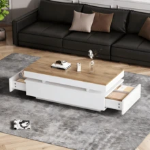 100 X 50 X 35 Cm Coffee Table With 2 Drawers / High-Gloss Side Table / Load Capacity 30 Kg / Easy To Assemble And Easy To Clean / Suitable For Living Rooms, Bedrooms And Apartments - 白色 + 木紋 - 查看 8