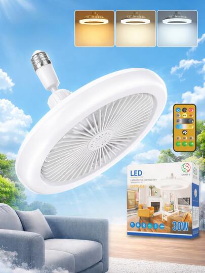 Ventilador Lámpara LED 30 Watts Alta Potencia e Iluminación Abanico con Socket con una Rotación de 360 Grados Multifuncional con 3 Tipos de Iluminación Luz Blanca Fría, Luz Neutra y Luz Cálida Control Remoto Aromaterapia Frescura Ideal para el Hogar