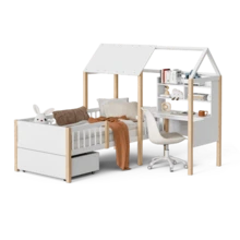 (Previous Reference: W2845S00049) Children's Bed 90 X 200 Cm With Fall Protection And Slatted Bed Base, L-Shaped Desk And Shelving Unit, Drawers With Wheels, Multifunctional House-Shaped Bed, Made Of Solid Wood, White Color. - trắng - Xem 1