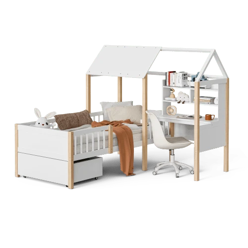 (Previous Reference: W2845S00049) Children's Bed 90 X 200 Cm With Fall Protection And Slatted Bed Base, L-Shaped Desk And Shelving Unit, Drawers With Wheels, Multifunctional House-Shaped Bed, Made Of Solid Wood, White Color.