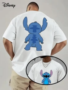 (Disney Licensed)Disney Lilo & Stitch Simple Back View Silhouette Front And Back Print Men's Oversized Crew Neck Short Sleeve Graphic T-Shirt, Minimalist Cute Casual Streetwear Tee For Men Summer Daily Wear, Disney Officially Authorized Men's Short-Sleeved T-Shirts, Mens Clothes, Men, Ropa De Hombre, Summer Clothes, Men Shirts, Graphic Tees, Disney Outfits Men, Graphic Tees, Camisetas Para Hombre, Camisas Para Hombre, Summer Outfits For Men, Father's Day Gift, Perfect Gift For Family And Friends, Which Are Necessary For Birthday Parties, Disney Shirts, Mens Clothes, Summer Clothes, Officially Licensed Disney T-Shirts, Disney Men's And Women's Spring/Summer Fashion Casual Short-Sleeve T-Shirts - 白色 - 查看 1