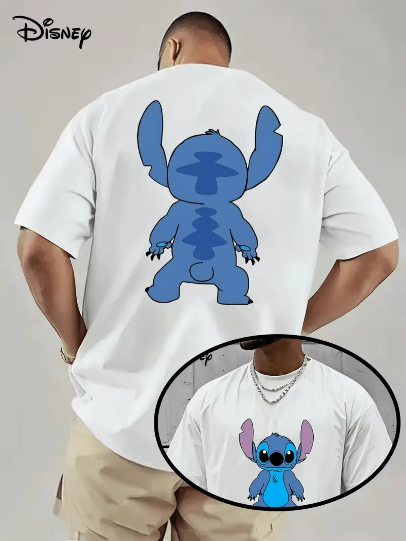 (Disney Licensed)Disney Lilo & Stitch Simple Back View Silhouette Front And Back Print Men's Oversized Crew Neck Short Sleeve Graphic T-Shirt, Minimalist Cute Casual Streetwear Tee For Men Summer Daily Wear, Disney Officially Authorized Men's Short-Sleeved T-Shirts, Mens Clothes, Men, Ropa De Hombre, Summer Clothes, Men Shirts, Graphic Tees, Disney Outfits Men, Graphic Tees, Camisetas Para Hombre, Camisas Para Hombre, Summer Outfits For Men, Father's Day Gift, Perfect Gift For Family And Friends, Which Are Necessary For Birthday Parties, Disney Shirts, Mens Clothes, Summer Clothes, Officially Licensed Disney T-Shirts, Disney Men's And Women's Spring/Summer Fashion Casual Short-Sleeve T-Shirts - 白色 - 查看 1