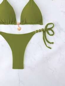 WD MODAS Tie-Up Bikini With Shell Pendant And Gold Details, Comfortable Fit And Modern Design XX266 - Olive Green - View 2