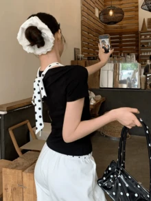 Black Regular Shoulder 2 In 1 Short Sleeve T-Shirt, Polka Dot Korean Stylish Design, Beautiful Top For Summer Casual - Black - View 2